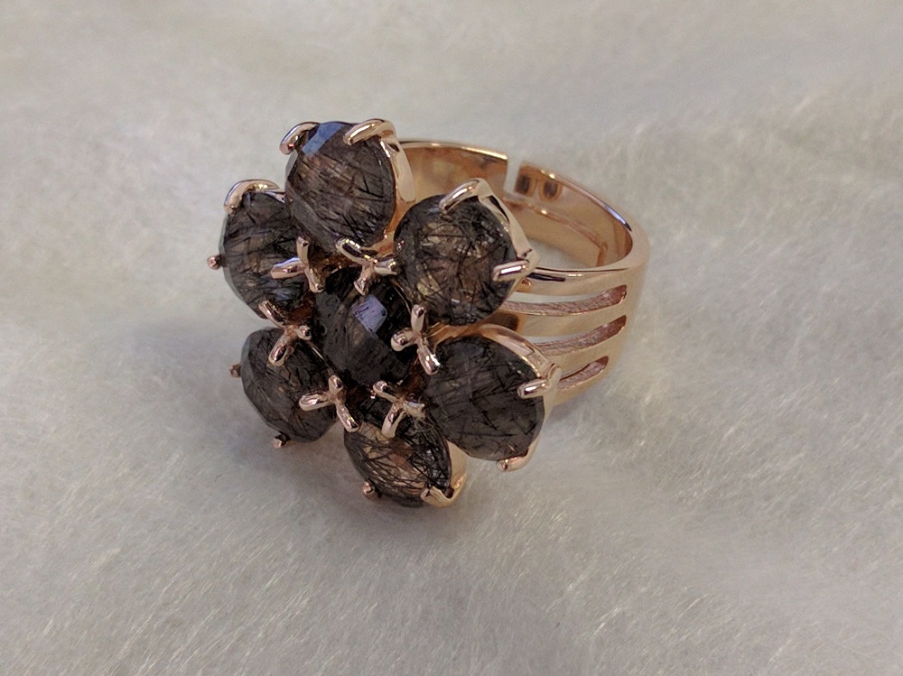 Anello fiore quarzo rutilato nero